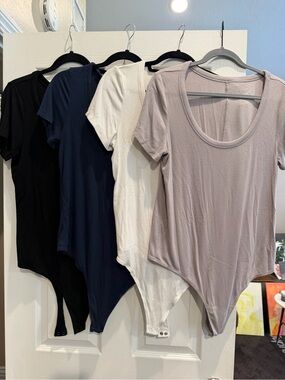 NUUDS Bundle Slinky Rib Short Sleeve Bodysuit - Black, Navy, White, Stone